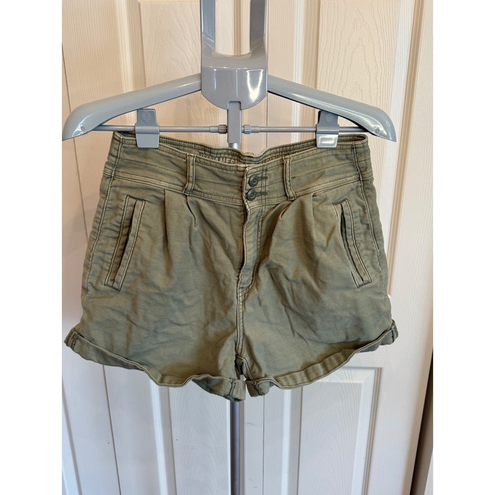American Eagle Baggy Mom Shorts Olive Green Size 8 Stretch Distressed Cuffed‎